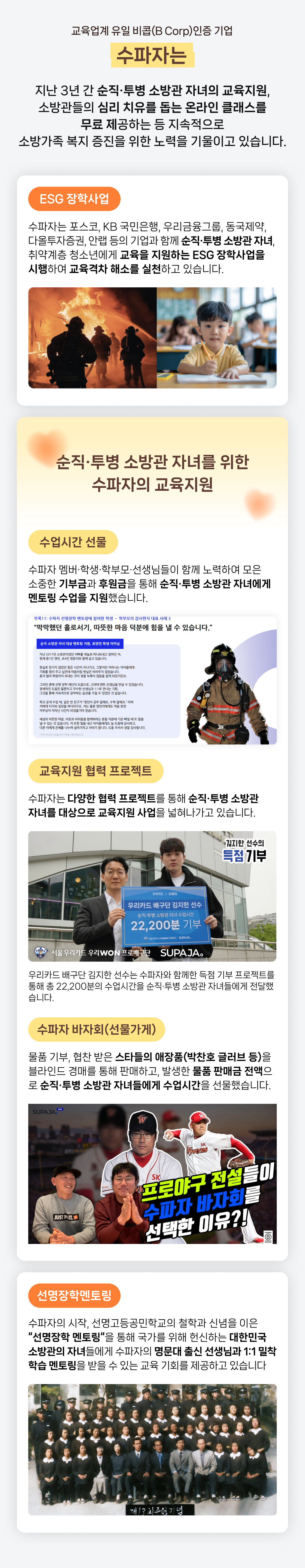 교육업계 유일 비콥(B Corp)인증 기업. 수파자는 지난 3년 간 순직•투병 소방관 자녀의 교육지원, 소방관들의 심리 치유를 돕는 온라인 클래스를 무료 제공하는 등 지속적으로 소방가족 복지 증진을 위한 노력을 기울이고 있습니다.