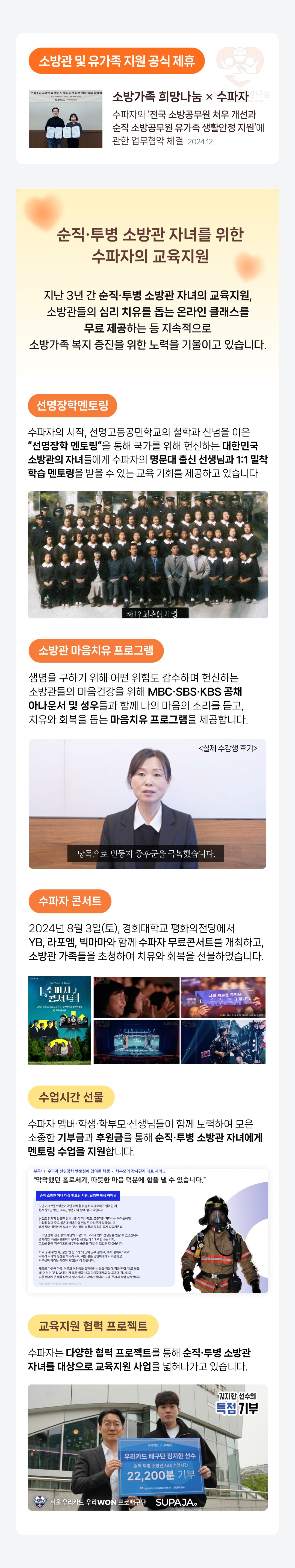 순직•투병 소방관 자녀를 위한 수파자의 교육지원. 선명장학멘토링. 소방관 마음치유 프로그램. 수파자 콘서트. 수업시간 선물. 김지한 선수. 아나운서. 수파자 낭독.