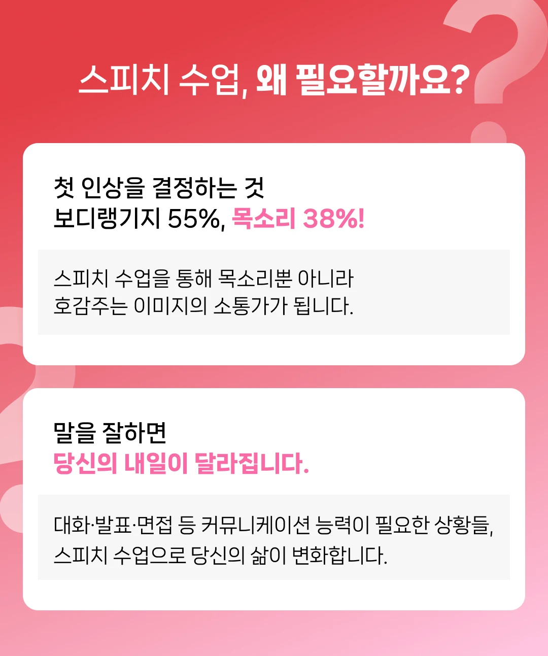 첫인상을 결졍하는 것. 바디랭기지 55%, 목소리 38%. 말을 잘하면 당신의 내일이 달라집니다.
